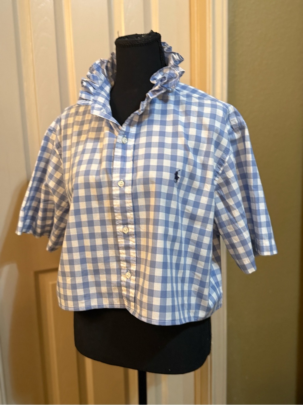 Upcycled Men’s Ralph Lauren Blue and White Gingham Ruffle-Collar Button-Down